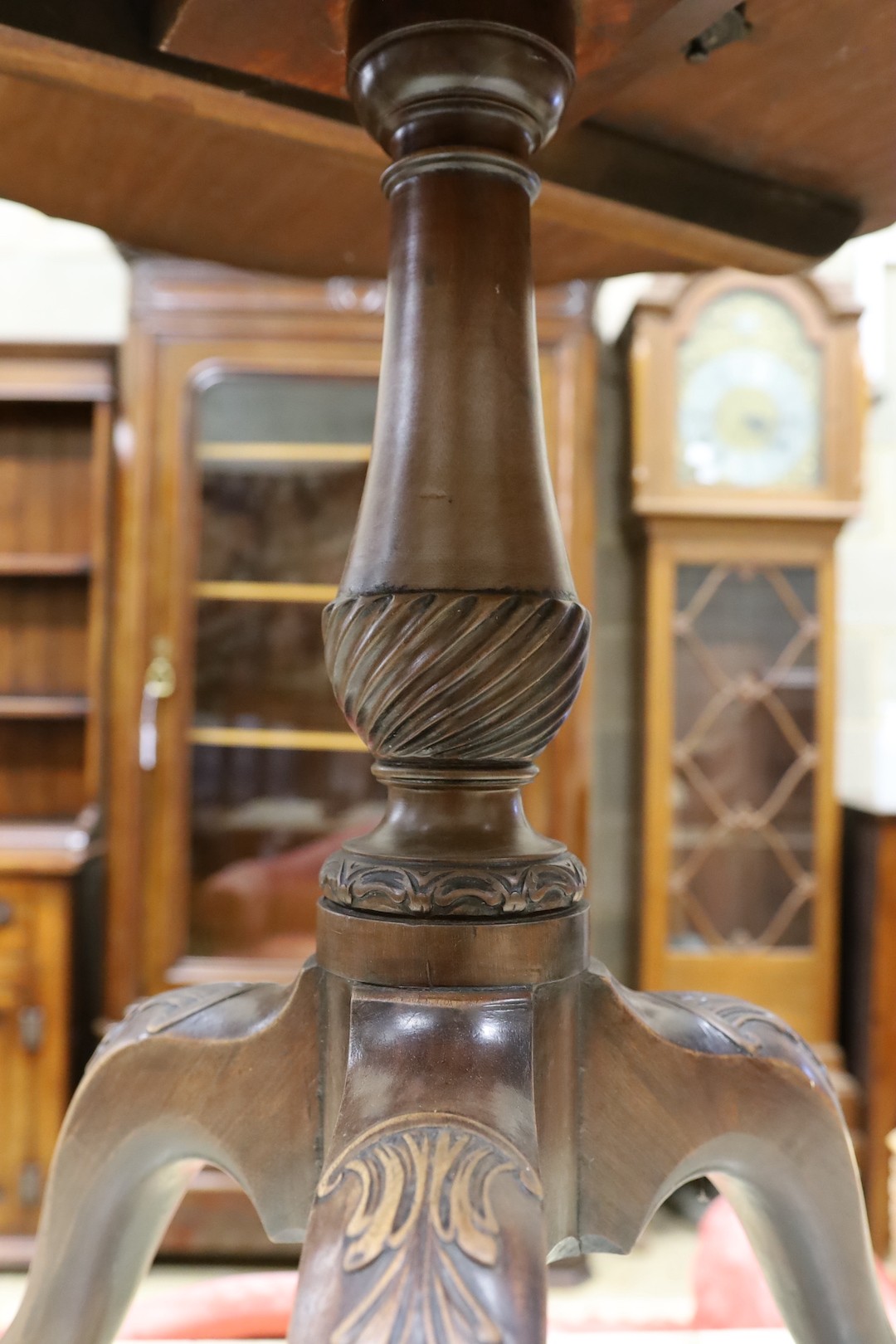 A George III and later circular mahogany piecrust tilt top tripod tea table, diameter 82cm, height 74cm